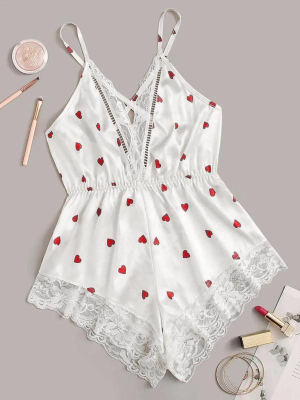 Women's Heart Print Contrast Lace Cut Out Cami Nightdress, Casual Soft Comfortable Spaghetti Strap Nightgown for All Seasons, Fashion Ladies' Sleepwear for Daily Wear