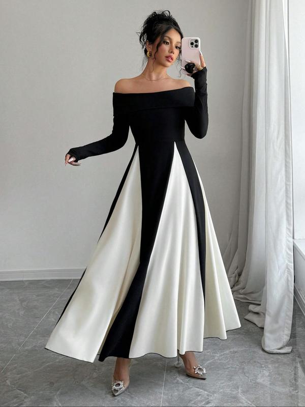 Women's Colorblock Off Shoulder A Line Dress, Elegant Long Sleeve Dress for Party Holiday Wedding Guest, Ladies Spring & Fall Clothes