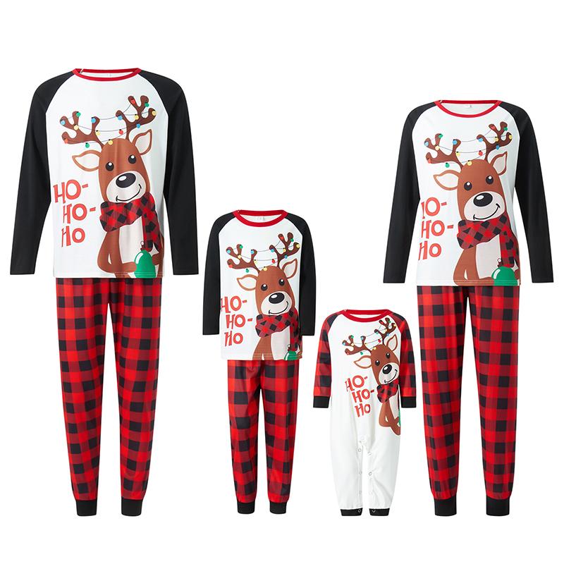 Christmas Pajamas for Family, Long Sleeve Elk Letter Print T-Shirt + Plaid Pants Set