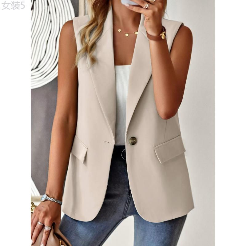 Elegant Sleeveless Lapel Vest - Ladies Blazer with Button Front, Solid Color, Perfect for Spring & Fall, Women's Fashion Clothing for Chic Look Fabric Womenswear Polyester Tops Comfort Collar