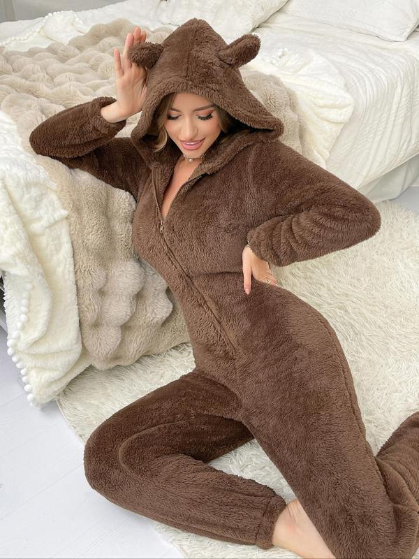 Women's Solid Zip Up Hooded Fuzzy Onesie, Casual Long Sleeve Flannel Jumpsuit for Fall & Winter, Women's Sleepwear for Indoor Wear Onesies Pajama, Jumpsuit for Women