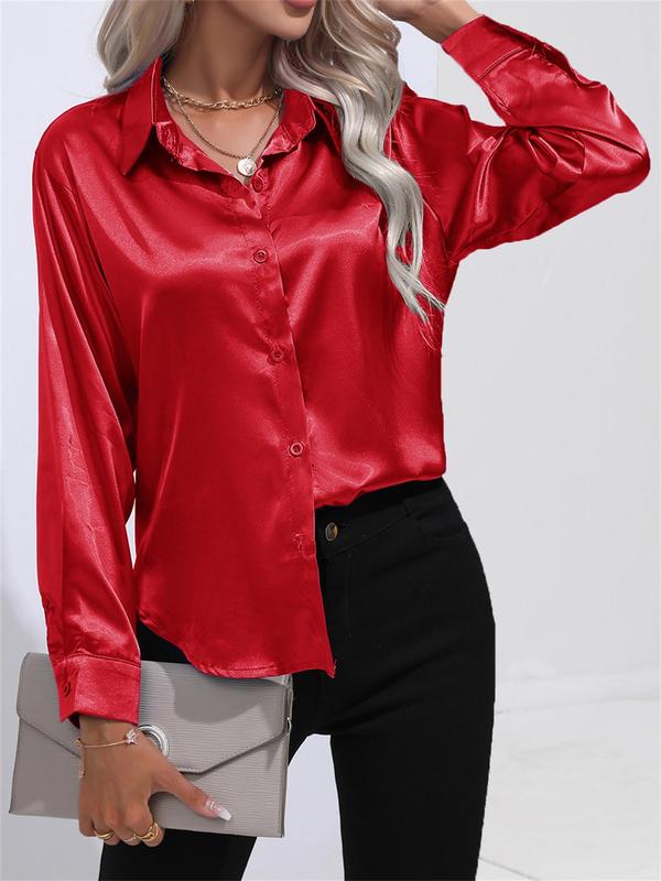 Women's Plain Button Front Satin Shirt, Elegant Long Sleeve Collared Top for Work Office Business, Ladies Clothes for All Seasons