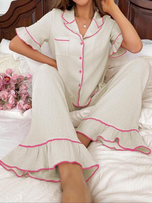 Two-Piece Set Women's Contrast Binding Lapel Neck Pajama, Casual Comfy Short Sleeve Top & Wide Leg Pants PJ Set, Ladies Sleepwear for All Seasons