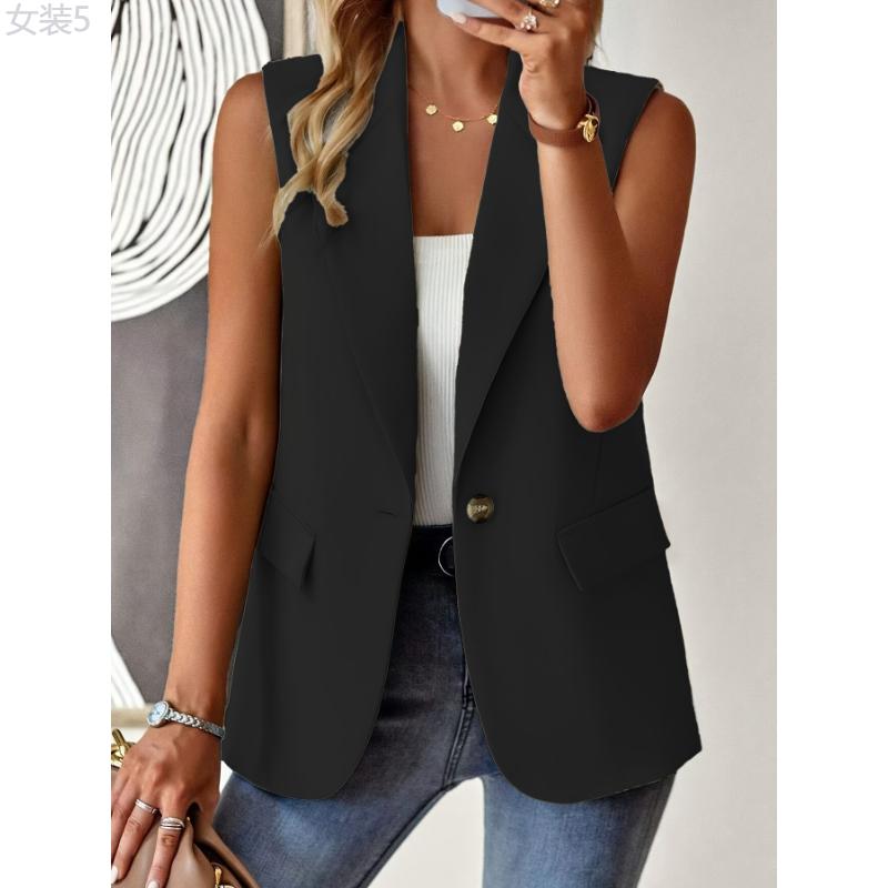 Elegant Sleeveless Lapel Vest - Ladies Blazer with Button Front, Solid Color, Perfect for Spring & Fall, Women's Fashion Clothing for Chic Look Fabric Womenswear Polyester Tops Comfort Collar