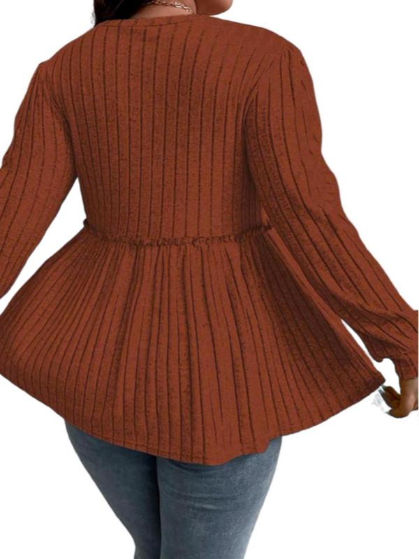  Solid Pleated Bishop Sleeve Tee, Casual Long Sleeve Round Neck Top for Fall & Winter, Women's Clothes for Daily Wear