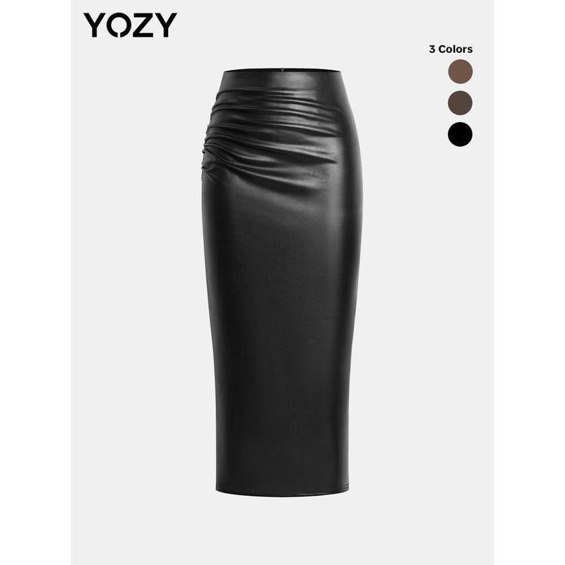 Black Friday Deals YOZY Ruched Split Hem PU Leather Skirt   Solid Fashionable High Waist Zipper Back Skirt， 2024 Women's Fall & Winter, Thanksgiving Clothes, Tiktok Shop Black Friday, Christmas 2024 Trend,Thanksgiving Clothing,Winter Clothing