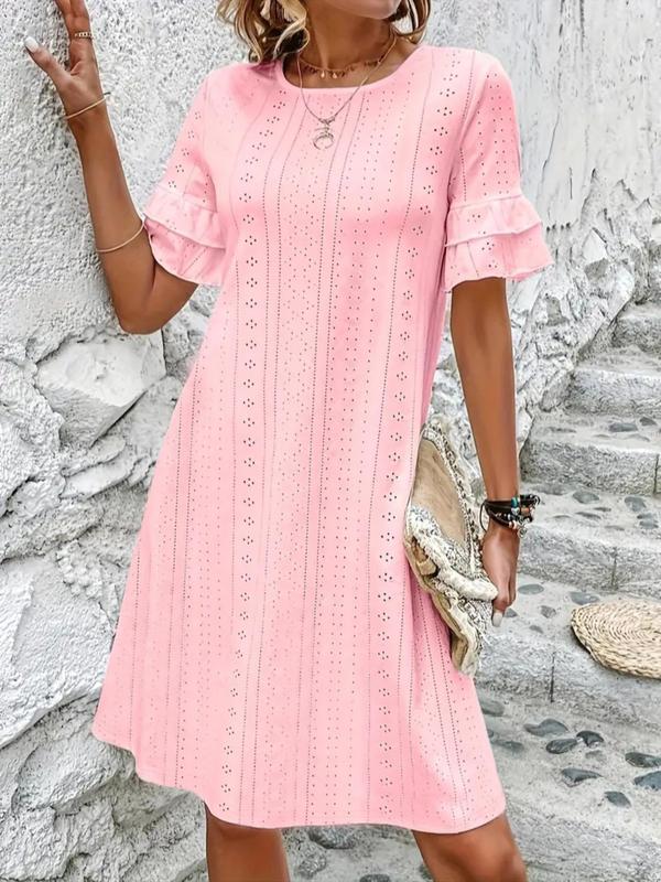  Solid Eyelet Embroidery Ruffle Trim Loungewear Dress, Casual Short Sleeve Round Neck Nightdress for Spring & Fall, Women's Sleepwear for Indoor Wear