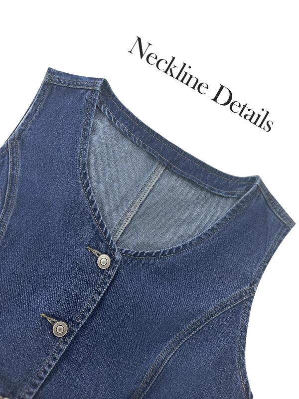 Women's Button Front Denim Waistcoat, Street Fashion Casual V Neck Asymmetrical Hem Tank Top for Daily Outdoor Wear, Ladies Clothes for Summer