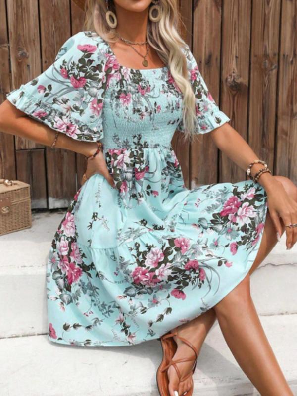 Women's Floral Print Ruffle Hem Vintage Dress, Boho Flounce Sleeve Shirred A Line Dress, Summer Dresses, Homecoming Dresses, Ladies Clothes for Beach Holiday Wedding Guest Fall Wedding Guest Dress