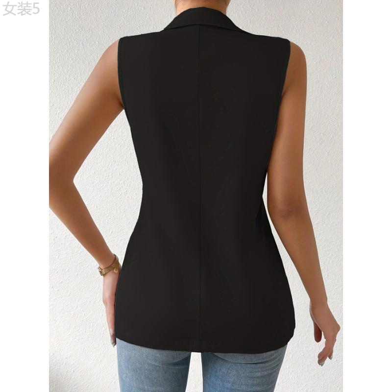 Elegant Sleeveless Lapel Vest - Ladies Blazer with Button Front, Solid Color, Perfect for Spring & Fall, Women's Fashion Clothing for Chic Look Fabric Womenswear Polyester Tops Comfort Collar