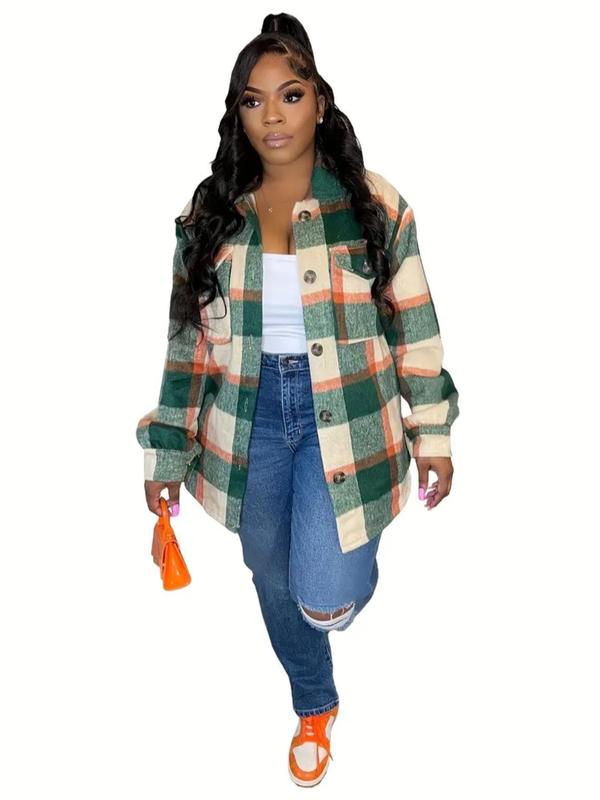 Women's Plaid Print Button Front Curved Hem Shirt Coat, Casual Drop Shoulder Long Sleeve Flap Pocket Outerwear for Fall & Winter, Ladies Clothes for Daily Wear