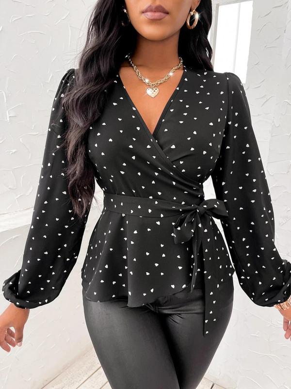 Women's Heart Print Tie Front Peplum Hem Wrap Blouse, Elegant Bishop Sleeve V Neck Top for Daily Wear, Ladies Clothes for All Seasons