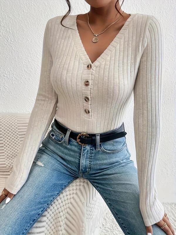 Women's Plain Button Front V Neck Bodysuit, Casual Long Sleeve Bodysuit for Fall & Winter, Women's Clothes for Daily Wear