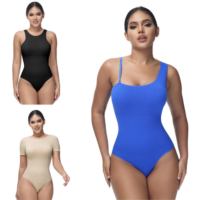 Soo slick Pack of 3 Bodysuits for Women - Tummy Control Viral Shapewear Sexy Ribbed Tank Tops Mono Strap - Short Sleeve and High Neck Bodysuit - color are at random Womenswear Everyday