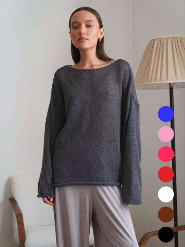 Women's Solid Sheer Drop Shoulder Sweater, Casual Long Sleeve Round Neck Jumper for Fall & Winter, Fashion Ladies' Knitwear for Daily Wear