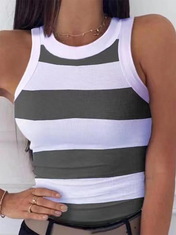 Women's Colorblock Striped Print Tank Top, Casual Sleeveless Round Neck Top, Ladies Summer Back To School Clothes for Daily Wear