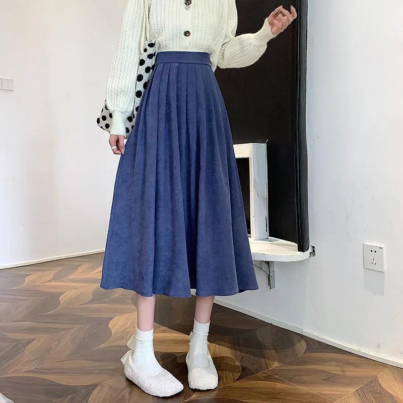 Fall Winter Women's Pleated Skirts Vintage High Waist Corduroy Long Skirt Woman Streetwear Simple All-match A-line Midi Skirts