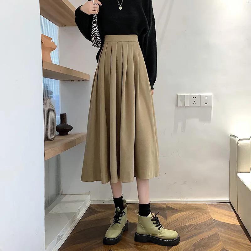 Fall Winter Women's Pleated Skirts Vintage High Waist Corduroy Long Skirt Woman Streetwear Simple All-match A-line Midi Skirts