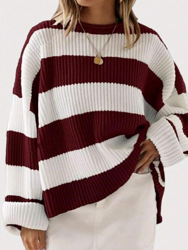 Women's Colorblock Striped Print Drop Shoulder Sweater, Fall Outfits, Casual Long Sleeve Round Neck Jumper for Fall, Fashion Ladies' Knitwear for Daily Wear, Preppy 80s Clothes