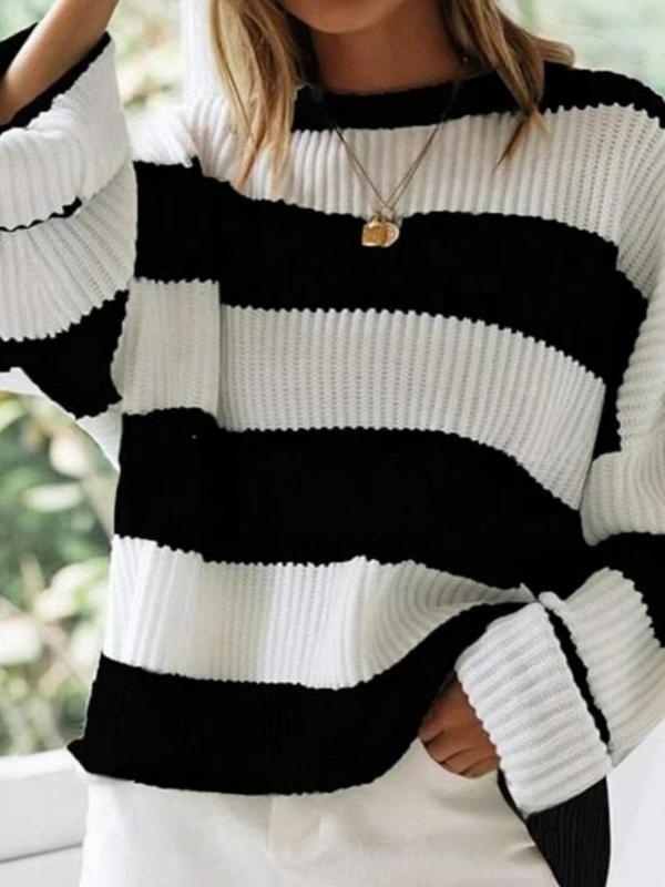 Women's Colorblock Striped Print Drop Shoulder Sweater, Fall Outfits, Casual Long Sleeve Round Neck Jumper for Fall, Fashion Ladies' Knitwear for Daily Wear, Preppy 80s Clothes