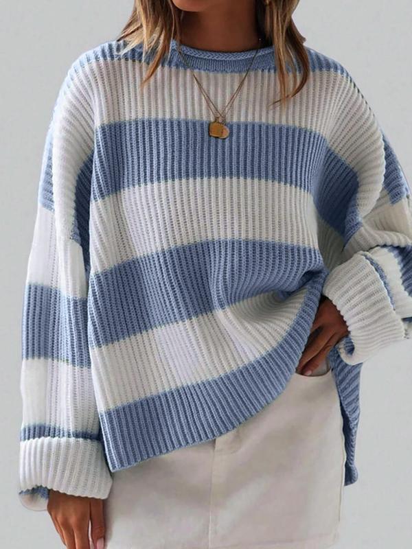 Women's Colorblock Striped Print Drop Shoulder Sweater, Fall Outfits, Casual Long Sleeve Round Neck Jumper for Fall, Fashion Ladies' Knitwear for Daily Wear, Preppy 80s Clothes