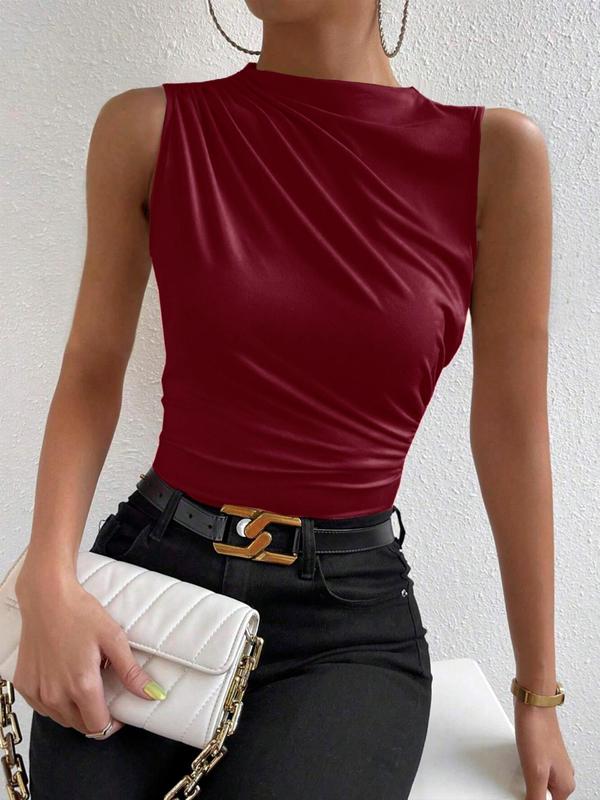 Women's Plain Ruched Mock Neck Crop Tank Top, Summer Clothes Women, Casual Sleeveless Cropped Top for Summer, Ladies Clothes for Daily Wear