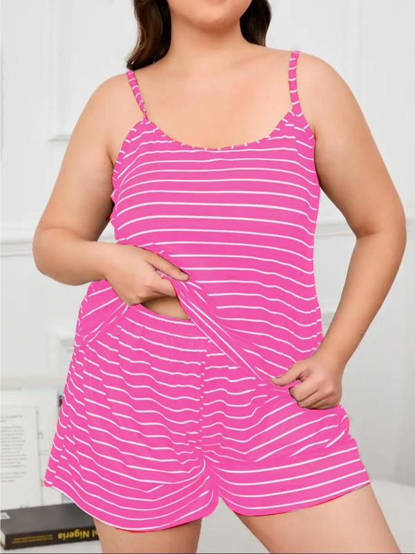 Plus Size Striped Print Pyjama Set, Casual Comfy Cami Top & Elastic Waist Shorts for Women, Women's Sleepwear for Summer, Plus Size Women's Clothing