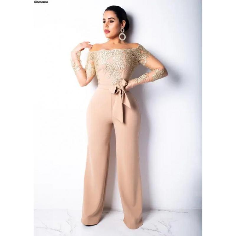 Womens Elegant Off Shoulder Long Pants Wide Leg Jumpsuits Floral Embroidery Lace See Through Cocktail Club Party Evening Rompers