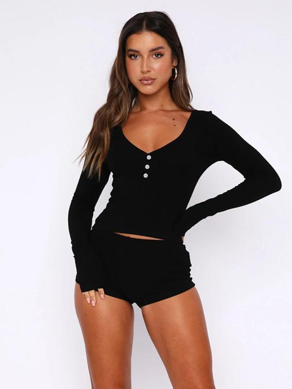 Two-Piece Set Women's Solid Long Sleeve Crop Top & High Waist Shorts Set, Fall Clothes, Comfort Basic Casual Button Front V Neck Top & Shorts Two-piece Set for Spring & Fall, Women's Two-piece Outfits, Fall Outfits, Fallfreshness, Fall Gift