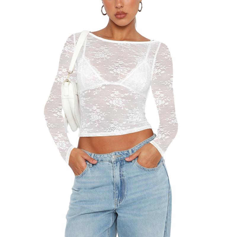 Women´s Summer Sheer Crop Tops Long Sleeve Open Back Lace Floral Slim Going Out Tops White Black Halloween 2024 Costume