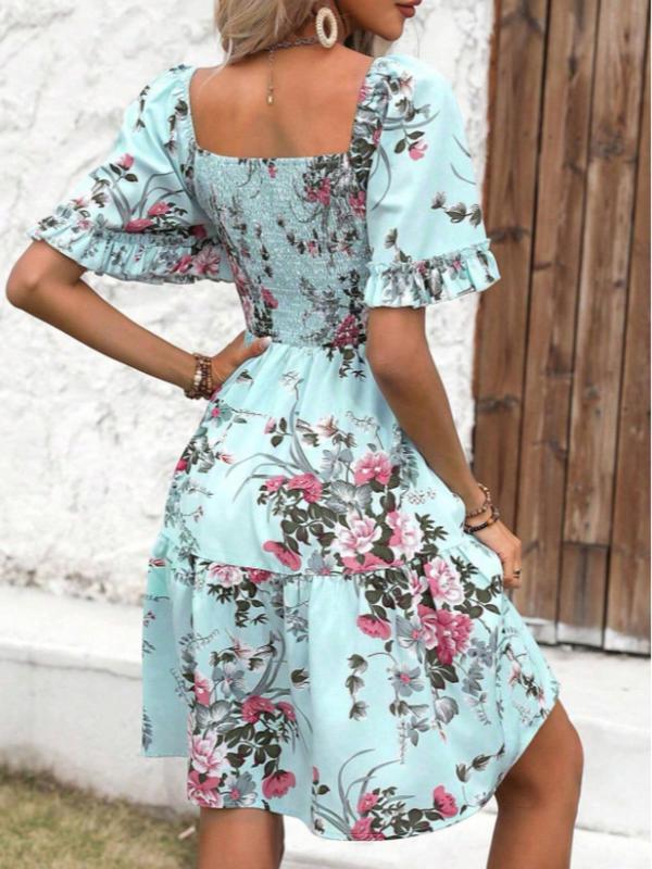 Women's Floral Print Ruffle Hem Vintage Dress, Boho Flounce Sleeve Shirred A Line Dress, Summer Dresses, Homecoming Dresses, Ladies Clothes for Beach Holiday Wedding Guest Fall Wedding Guest Dress