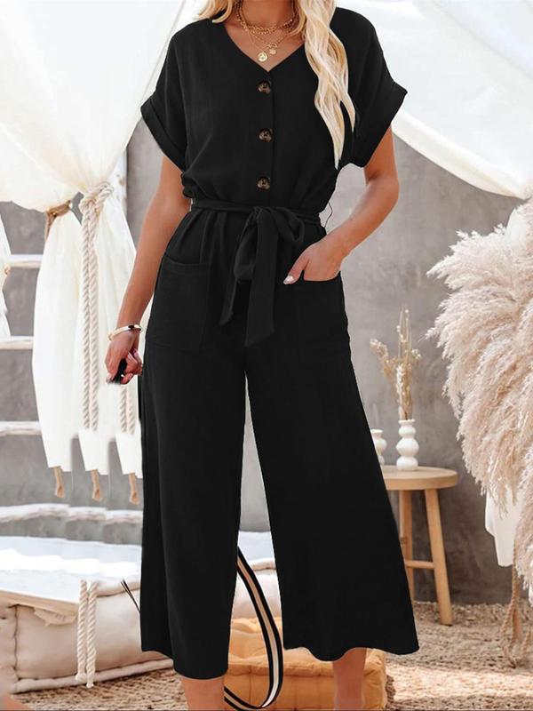 Women's Plain Button Front Crewneck Shortsleeve Belted Pocket Shirt Jumpsuit, Lady Basic Batwing Sleeve Round Neck, Summer Outfits 2024, Womenswear Overalls