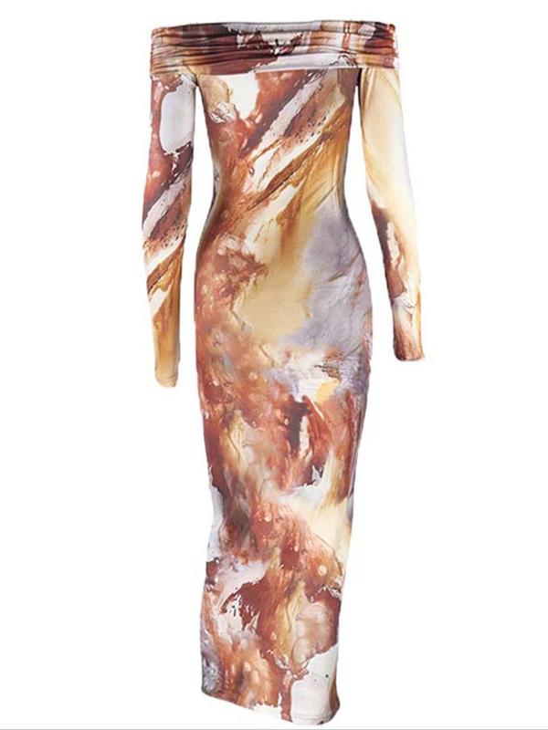 Women's Tie Dye Off The Shoulder Bodycon Dress, Elegant Long Sleeve Long Dress For Vacation Holiday Party, Ladies Summer Clothes