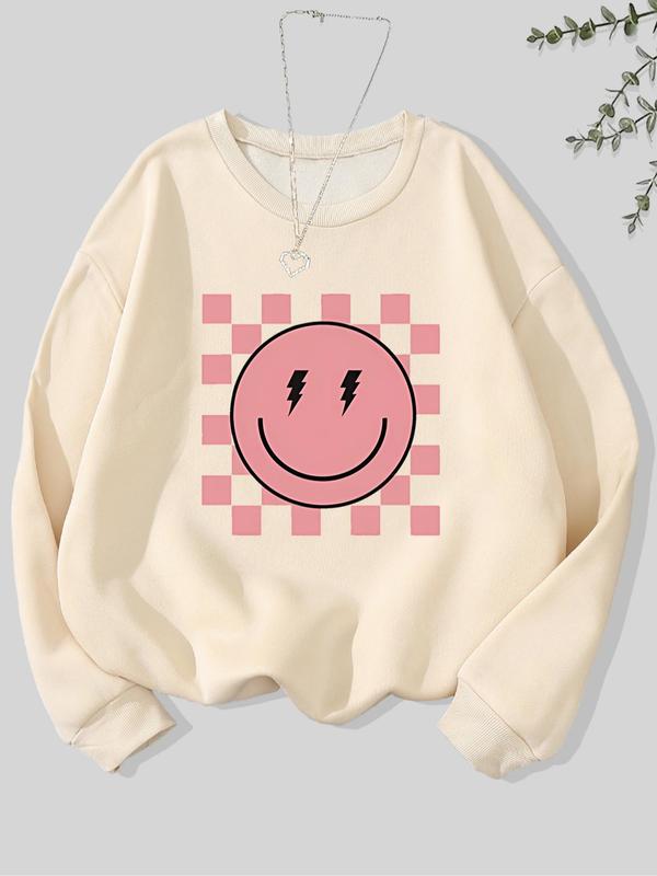 Women's Smile Face Print Drop Shoulder Sweatshirt, 2024 New Style Casual Long Sleeve Round Neck Pullover for Fall & Winter, Women's Clothes for Daily Wear