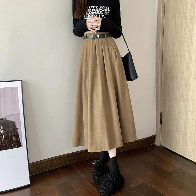 Autumn Winter Corduroy Pleated Skirt Women Korean Fashion High Waist A Line Long Skirts Woman Streetwear Thick Solid Midi Skirt