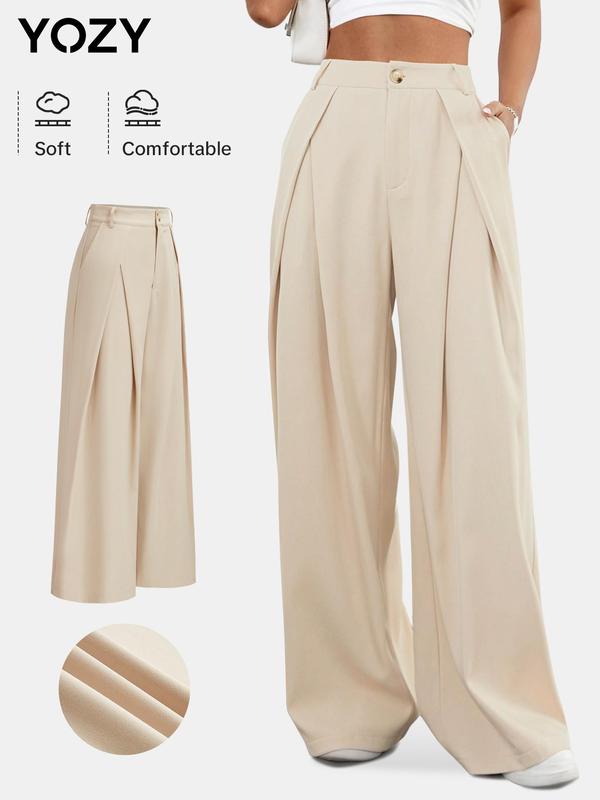 Christmas Deals, YOZY Women's Plain Plicated Button Fly Wide Leg Pants, Casual Comfy Trousers for Daily Wear, Ladies Bottoms for All Seasons, Christmas 2024 Trend, Christmas Clothes, Fall&Winter Clothes, Christmas Gift Ideas