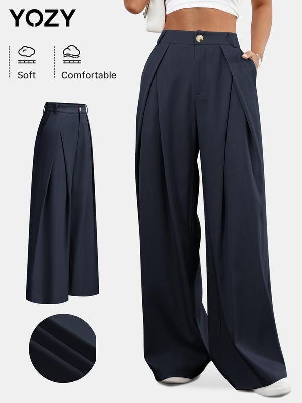 Christmas Deals, YOZY Women's Plain Plicated Button Fly Wide Leg Pants, Casual Comfy Trousers for Daily Wear, Ladies Bottoms for All Seasons, Christmas 2024 Trend, Christmas Clothes, Fall&Winter Clothes, Christmas Gift Ideas