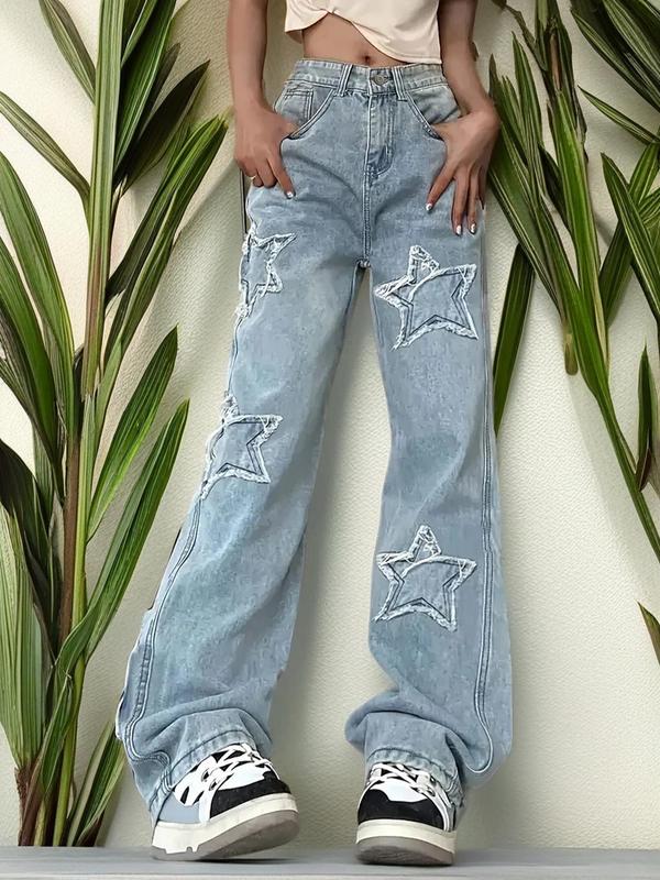 Women's Star Embroidered Raw Wash Straight Leg Baggy Jeans, Casual Pocket Button Fly Denim Trousers for Daily Wear, Ladies Bottoms for Fall & Winter, Preppy 80s Clothes