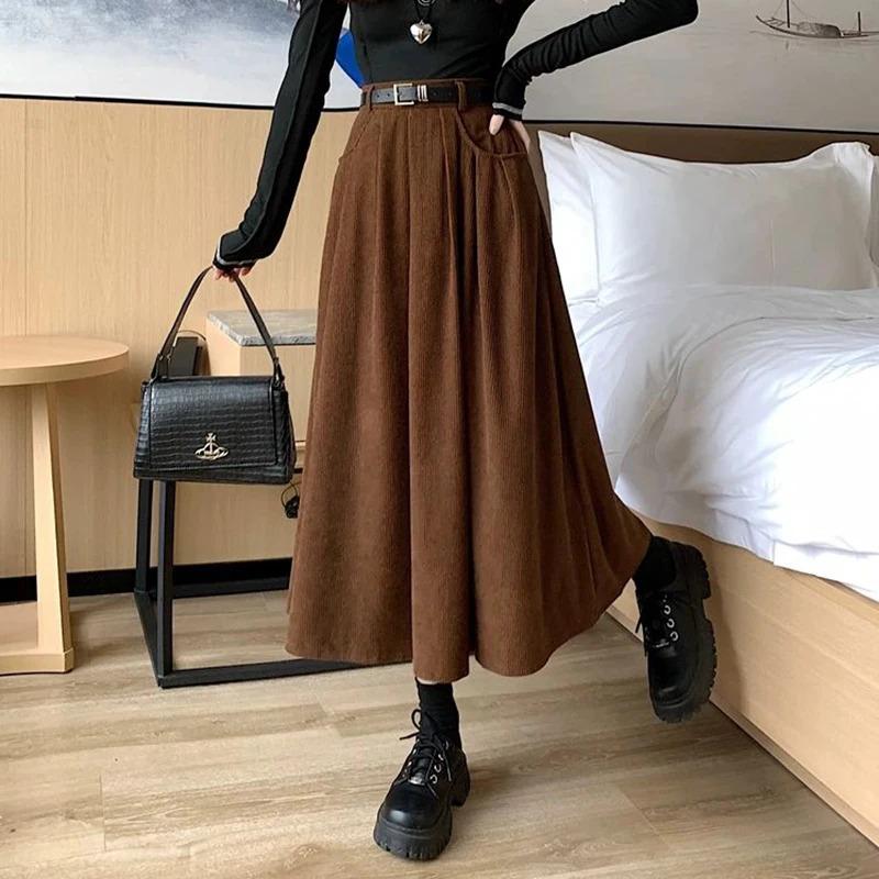 Autumn Winter Corduroy Pleated Skirt Women Korean Fashion High Waist A Line Long Skirts Woman Streetwear Thick Solid Midi Skirt