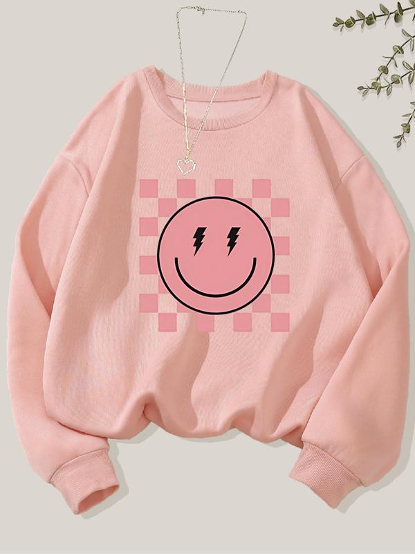 Women's Smile Face Print Drop Shoulder Sweatshirt, 2024 New Style Casual Long Sleeve Round Neck Pullover for Fall & Winter, Women's Clothes for Daily Wear