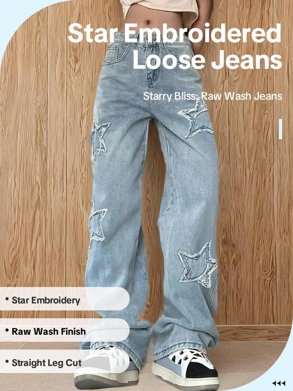 Women's Star Embroidered Raw Wash Straight Leg Baggy Jeans, Casual Pocket Button Fly Denim Trousers for Daily Wear, Ladies Bottoms for Fall & Winter, Preppy 80s Clothes