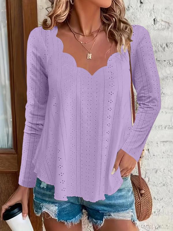 Plus Size Solid Color Eyelet Embroidery Scallop Trim V Neck Tee, Elegant Long Sleeve T-Shirt for Spring & Fall, Women's Plus Clothing for Daily Wear, Fall Outfits, Fallfreshness Clothes