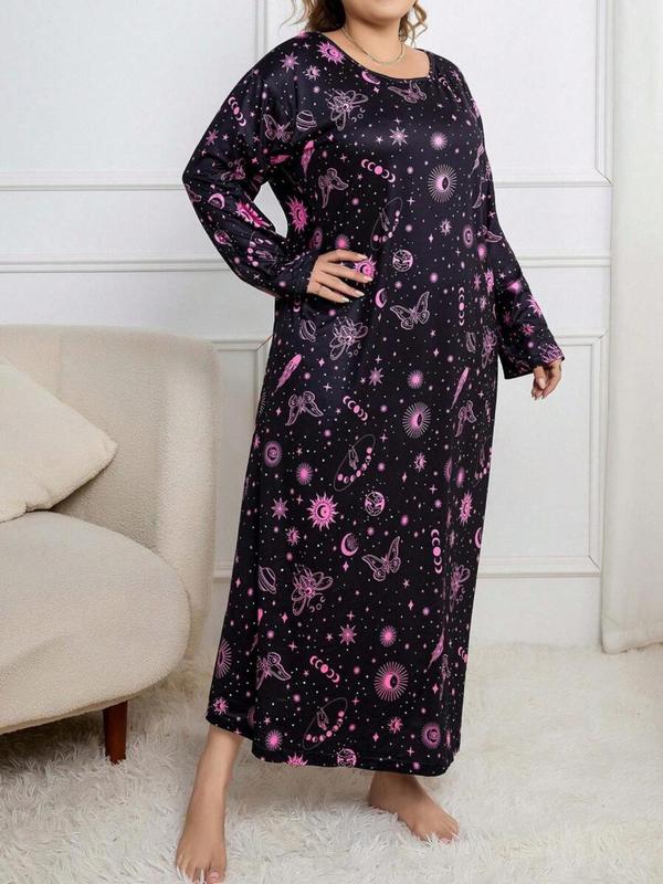  Galaxy Print Drop Shoulder Nightdress, Casual Long Sleeve Round Neck Nightgown for Women, Women's Sleepwear for Spring & Fall