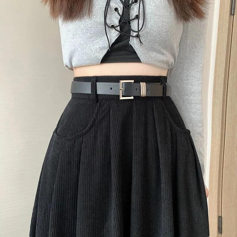 Autumn Winter Corduroy Pleated Skirt Women Korean Fashion High Waist A Line Long Skirts Woman Streetwear Thick Solid Midi Skirt