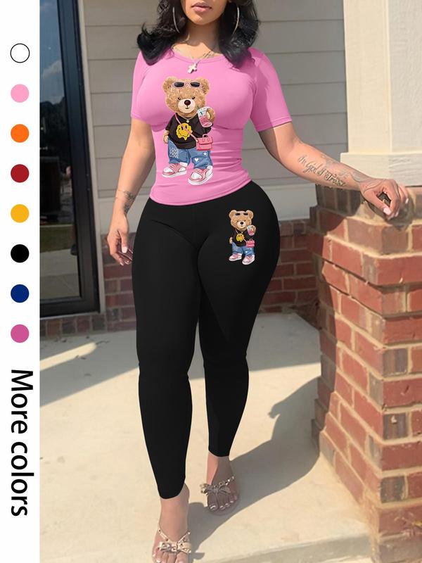 Two-Piece Set Women's Cartoon Bear Print Short Sleeve Tee & Skinny Pants, Fall Outfits, Casual Round Neck T-shirt & Trousers for Fall, Ladies Fall Clothes for Daily Wear