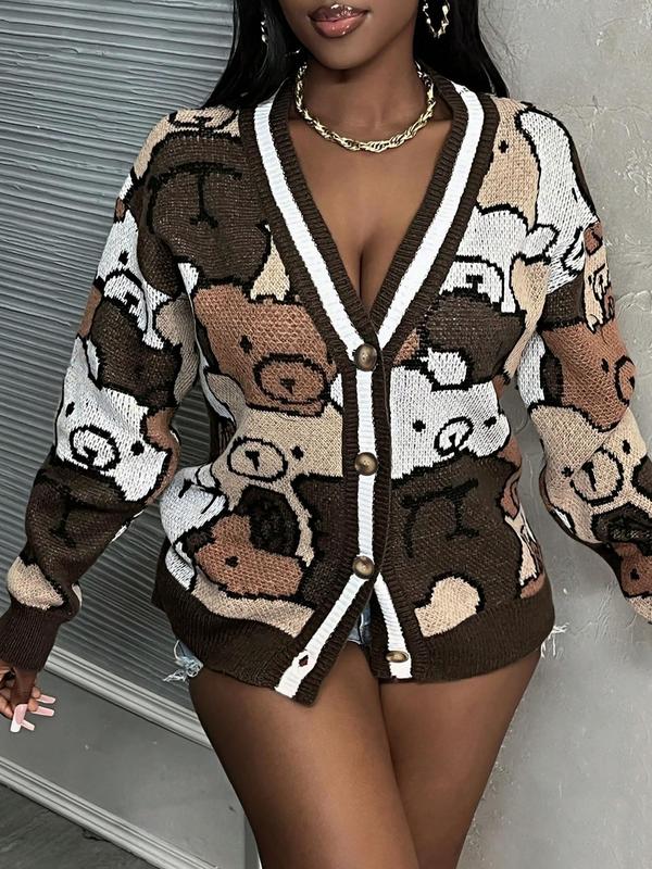 Women's All Over Cartoon Bear Print Contrast Binding Button Front Cardigan, Cute Drop Shoulder Long Sleeve Cardigan, Women Knitwear for Fall & Winter