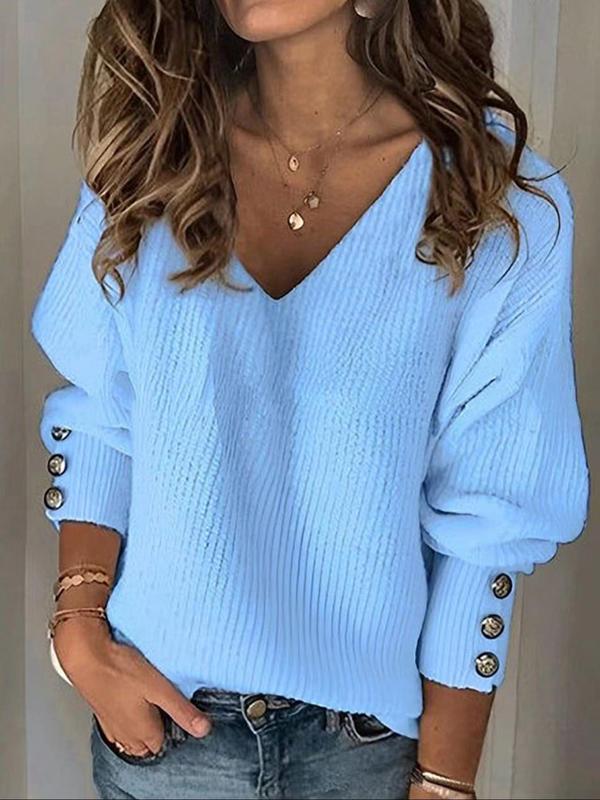 Women's Plain Fake Buttons Drop Shoulder Sweater, Elegant Casual Long Sleeve V Neck Jumper for Fall & Winter, Ladies' Knitwear for Daily Wear