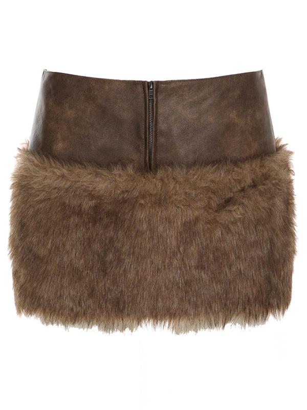 Women's Contrast Faux Fur Trim Zipper Mini Skirt, Y2K Fashionable PU Leather Skirt for Daily Outdoor Wear, Women's Bottoms for Fall & Winter