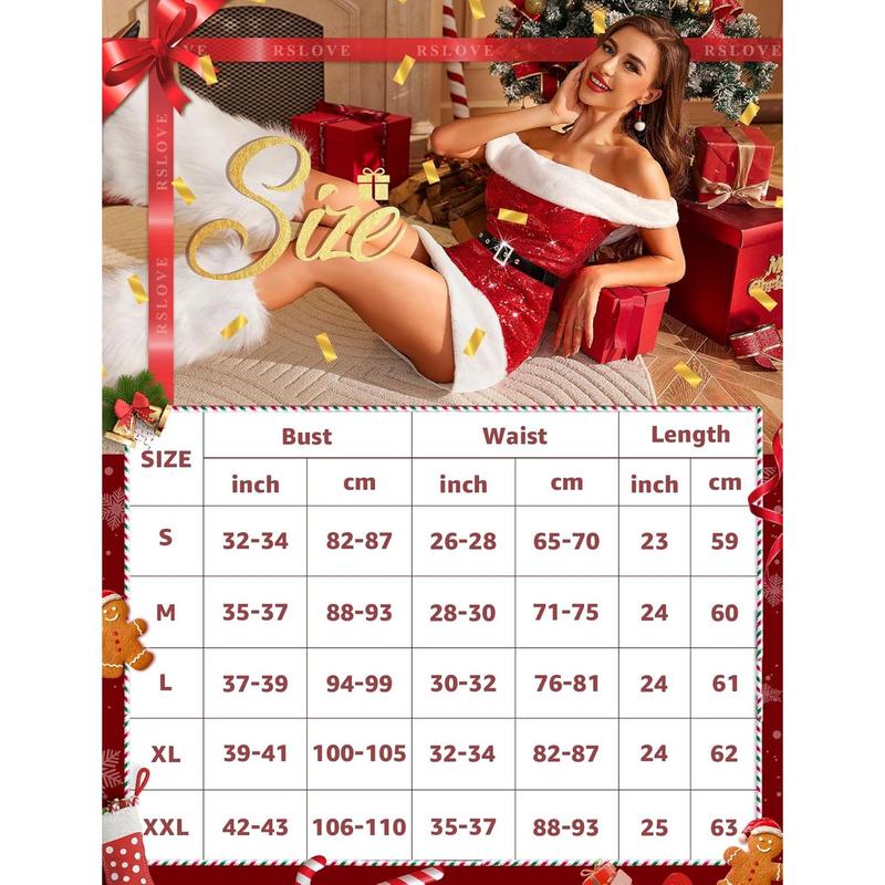 RSLOVE Christmas Lingerie for Women Sexy Santa Lingerie Set Stunning Red Sequin Babydoll Chemise with Belt Womenswear Underwear