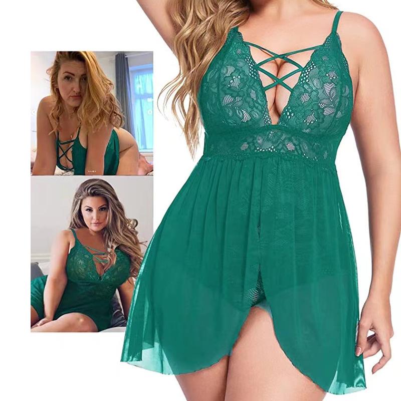 Plus Size Women's Sexy Home One-piece Skirt See-through Underwear Set